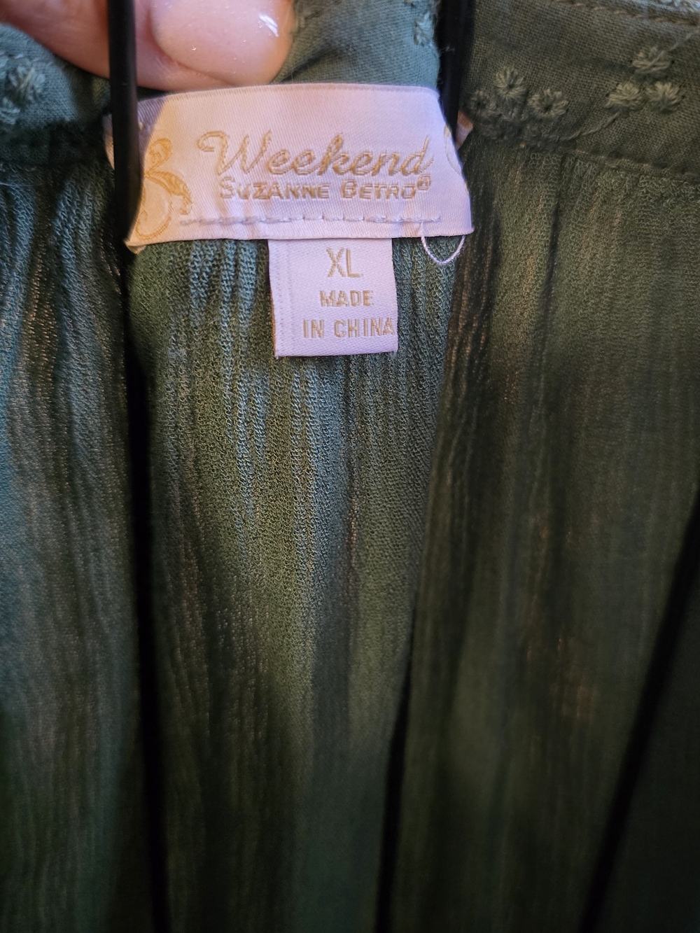🐝🍯Suzanne Betro Weekend Hunter Green Gauze Eyelet Puff Sleeve Babydoll Top XL - Picture 3 of 4